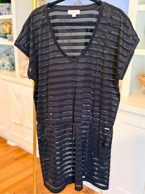 Calvin Klein Black Striped Open-Knit V-Neck Cinch Waist Cover-Up Size L/XL